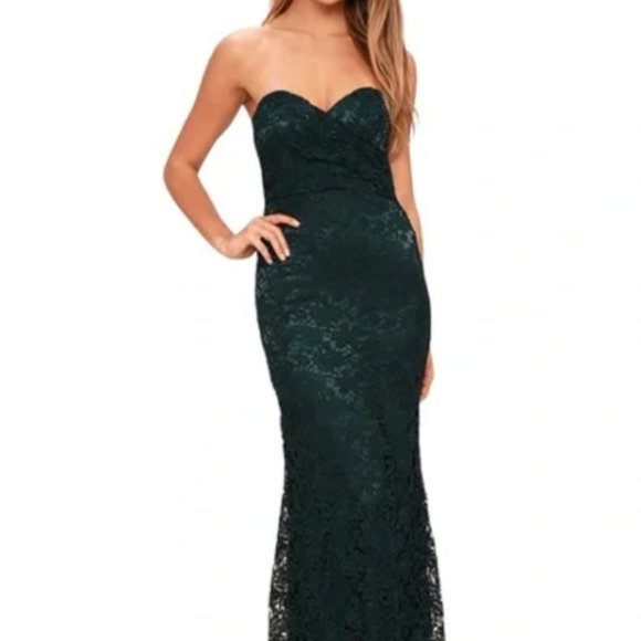 Lulus Lace Strapless Maxi Dress in Dark Green. - Picture 1 of 15